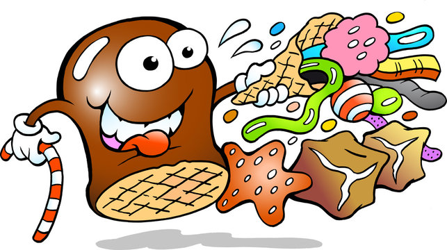 Vector Cartoon illustration of a Cream Puff holding a cone with a choice of delicious Candies