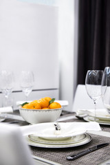 Empty glasses set in restaurant