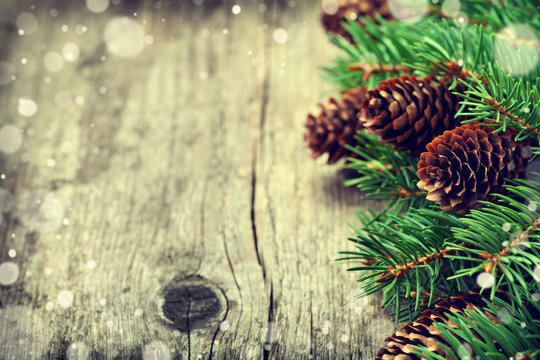 Christmas card of fir tree and conifer cone on rustic wooden background, snow effect, copy space for text, vintage toning