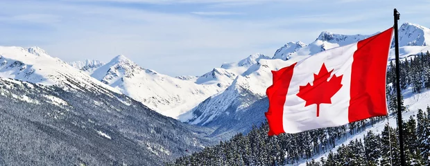 Foto op Plexiglas Canada Vlag van Canada en prachtige Canadese landschappen