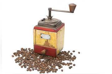 Vintage coffee grinder with coffee beans