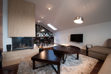 Interior of a modern loft apartment with fireplace