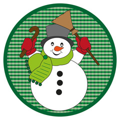 Snowman with scarf on dark green button on white background