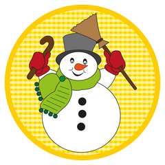 Snowman with scarf on yellow button on white background
