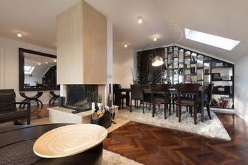 Specious loft apartment interior with fireplace