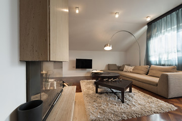 Interior of loft apartment - living room with fireplace
