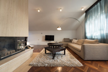 Interior of loft apartment - living room with fireplace