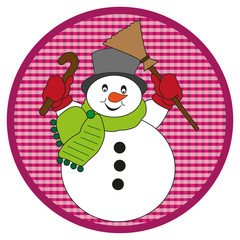 Snowman with scarf on pink button on white background