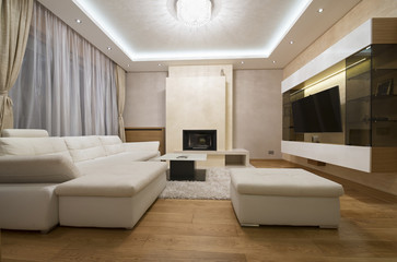 Naklejka na ściany i meble Interior of a specious living room with fireplace
