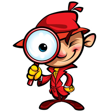 recommend clip art: Cartoon cute detective investigation with red coat and magnifyin