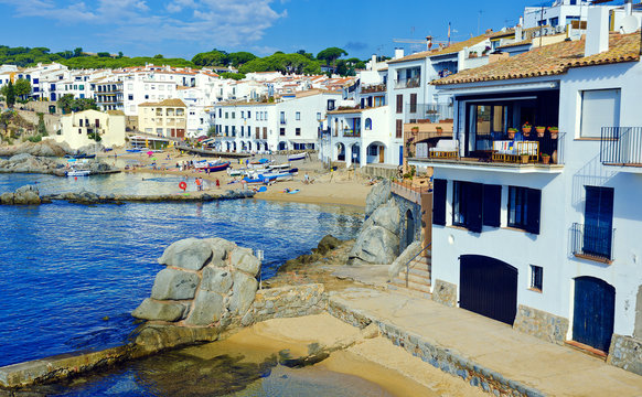 White houses on seaside. Coastal town Calella de Palafrugell on