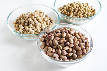 borlotti Beans in bowl and other Legumes on white