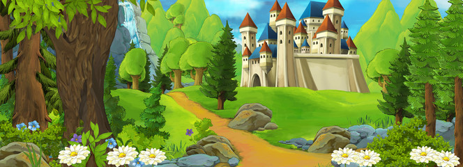 Cartoon scene of a castle on the hill - scene for different fairy tales - illustration for children - obrazy, fototapety, plakaty
