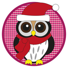 Owl with scarf and hat on pink button on white background