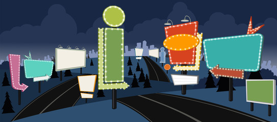 Cartoon road with billboards at night. Ad signs.