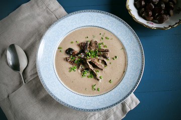Chestnut and mushroom autumn creamy velvety soup with chives