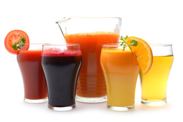 Fresh fruit and vegetable juices on white background