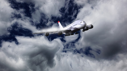 Verkehrsflugzeug durchquert eine Wolkenfront - obrazy, fototapety, plakaty