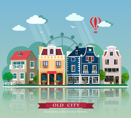 Set of cute detailed vector old city houses. European retro style building facades. Flat vector illustration.