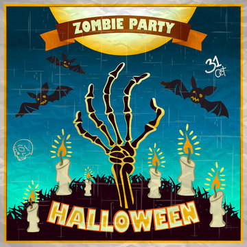 Halloween vector illustration - Dead Man's arms from the ground with invitation to zombie party