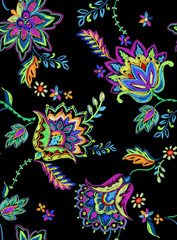seamless bohemian pattern. with beautiful flowers, drawn in crayons