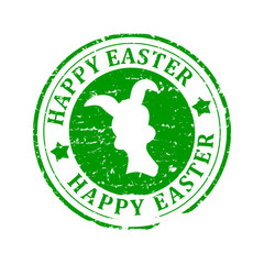 Damaged round red stamp with the hare and the words - happy easter - vector