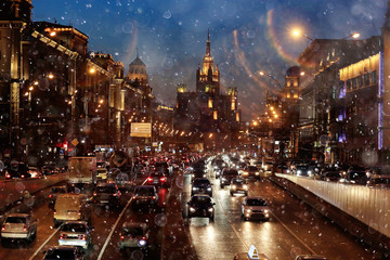 Naklejka premium Night city background, blur background Road