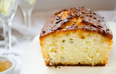 French cake with lavender and lemon glaze