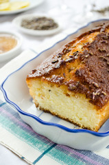 French cake with lavender and lemon glaze