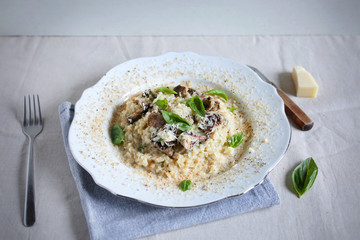 Foie gras and wild mushroom risotto with parmesan and basil © sugar0607
