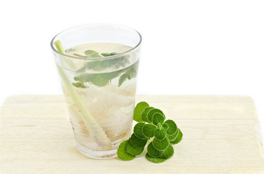 mix cold soda drink with lemon grass, lychee.mint on wood tray isolated white background