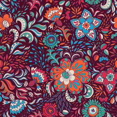 Fototapeta na wymiar Vector seamless pattern with colored abstract flowers and berrie
