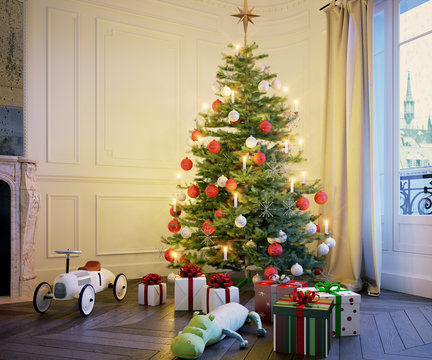 Weihnachtsbaum mit Geschenken in Altbauwohnung - Christmas Tree