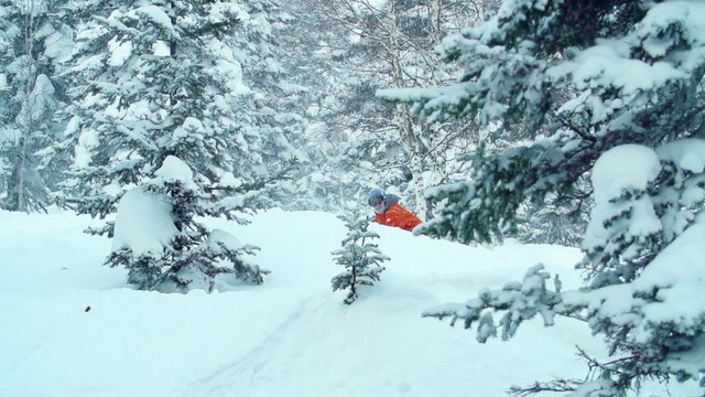 Freerider performing a melon grab while snowboarding in tree area 