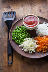 Healthy Cooking. chopped Vegetables and Tomato souce. Carrot, Ce