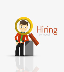 Hiring flat design concept. Man and magnifying glass