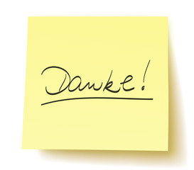 Quadratisches Postit mit der Aufschrift: „Danke!“ handschriftlich, unterstrichen, Vektor, freigestellt