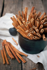 Brown Cinnamon Sticks in a Stone Mortar