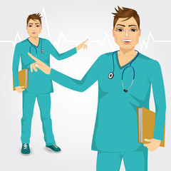 nurse man with stethoscope showing something