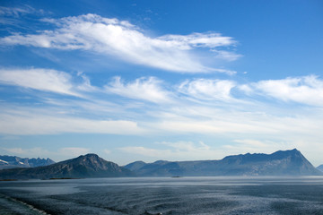 Misty mountain coast near Bodo viewed from ferry to Lofoten, Nor