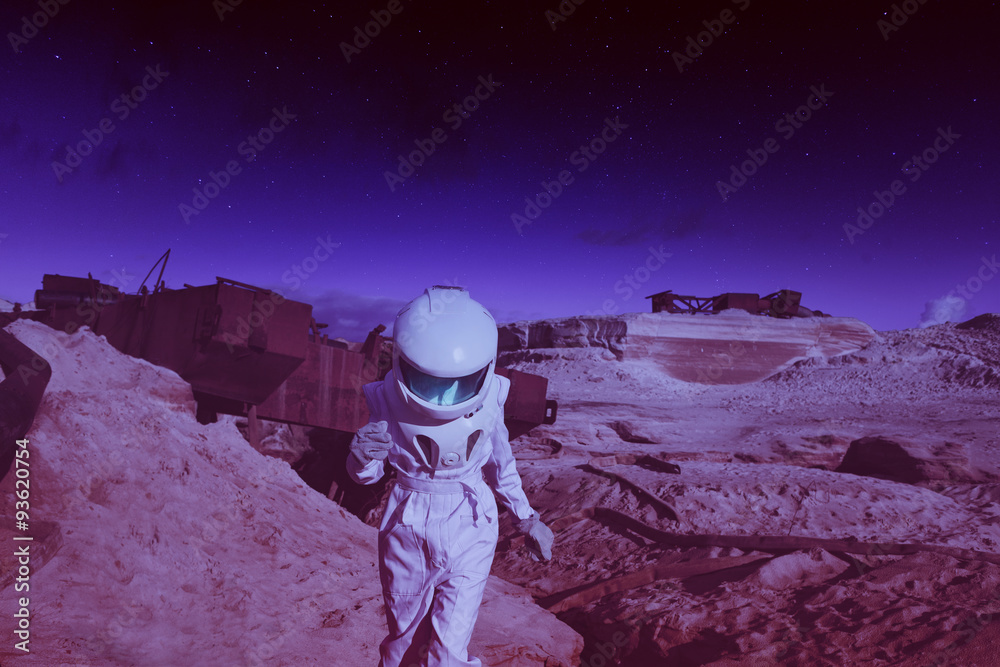 Sticker futuristic astronaut on another planet, mars. image with the