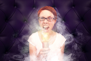 Very angry woman with glowing mic / radio moderator - obrazy, fototapety, plakaty