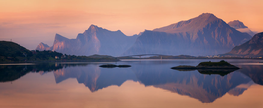 Sunset Panorama Of Lofoten Islands, Norway