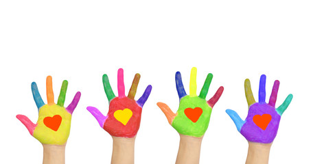 Group of helping hands with hearts on the palms.