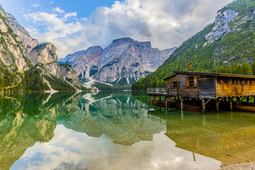 Fototapeta na wymiar Braies Lake in Dolomites mountains, Seekofel in background, Sudtirol, Italy 