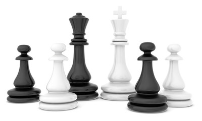 Chess pieces standing on white background with soft shadows