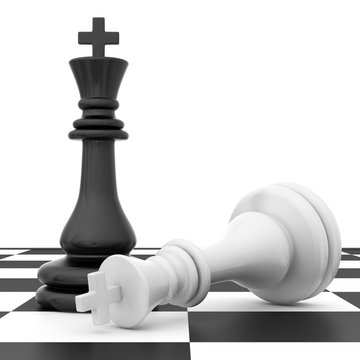 The fallen knight chess piece lying on chessboard