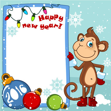 Christmas card with a monkey and Christmas decorations