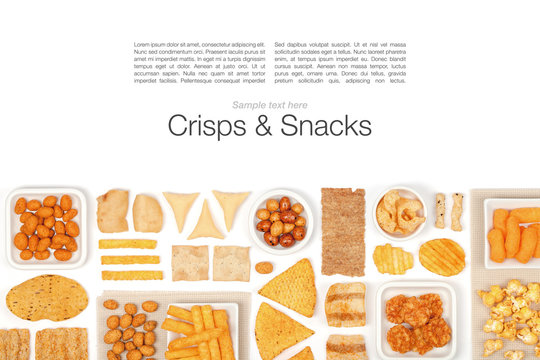 crisps and snacks on white background