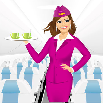 Stewardess Holding A Tray With Two Cup Of Tea